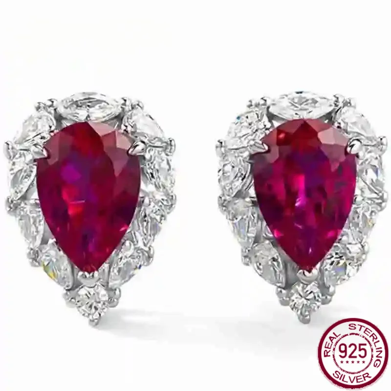 Yaranyan Vintage 925 Sterling Silver Pear Cut 6*9 MM Ruby High Carbon Diamond Gems Ear Studs Earrings Fine Jewelry Wholesale