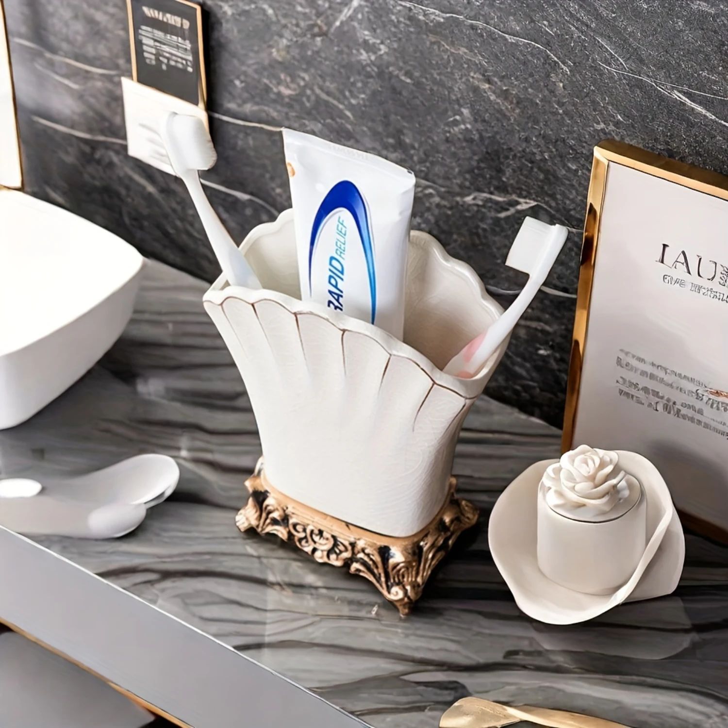 1pc Luxurious High-end Toothbrush Holder, Ceramic Toothbrush  Rack, Bathroom  Rack, Independent Countertop Bathroom Comb  Rack, 