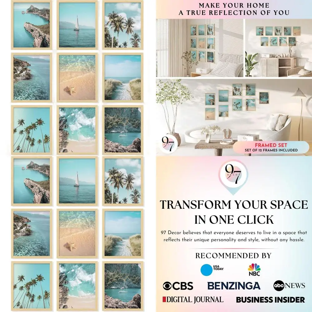 

Framed Coastal Art: Beach Scenery, Ocean Prints for Home, Tropical Decor (Beige Frame)
