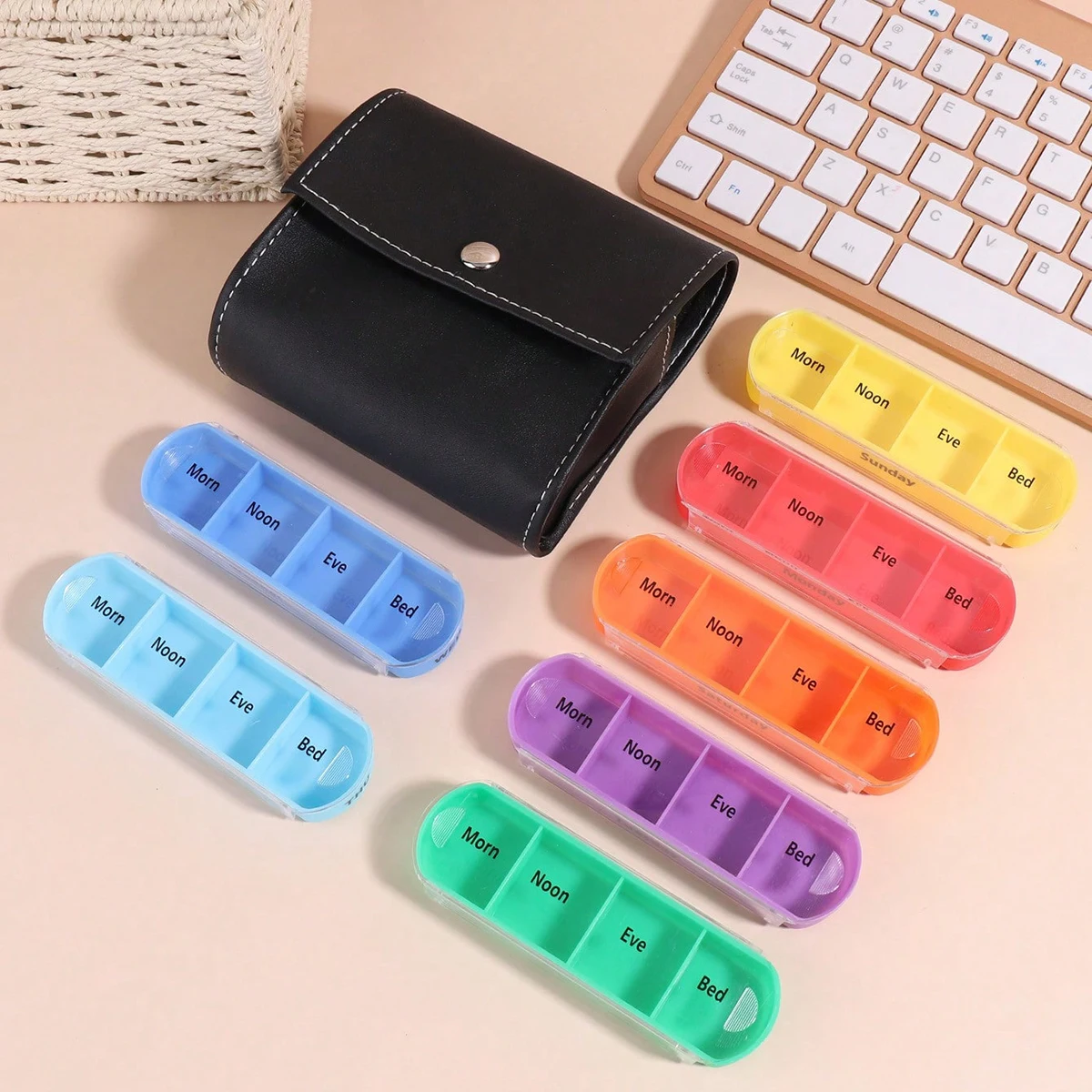 Leather Portable Colorful Pill Box, Wallet Style,Seven Colors for a Week,28-Compartment Moisture Proof Plastic Storage Pill Box