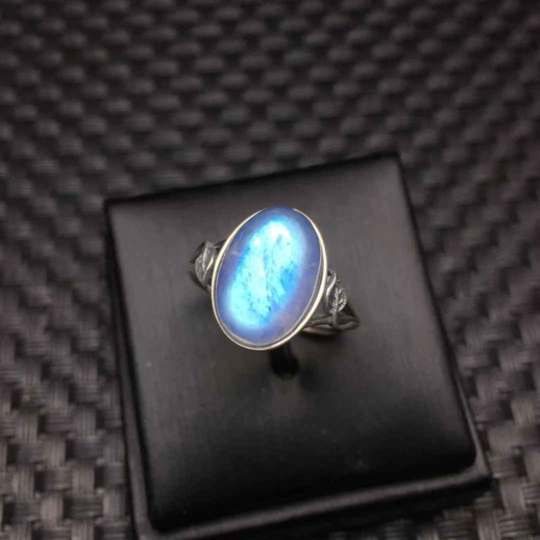 1 Pc Fengbaowu Natural Blue Moonstone Ring Oval Cabochon Ring 925 Sterling Silver Resizable Fashion Jewelry Gift Women