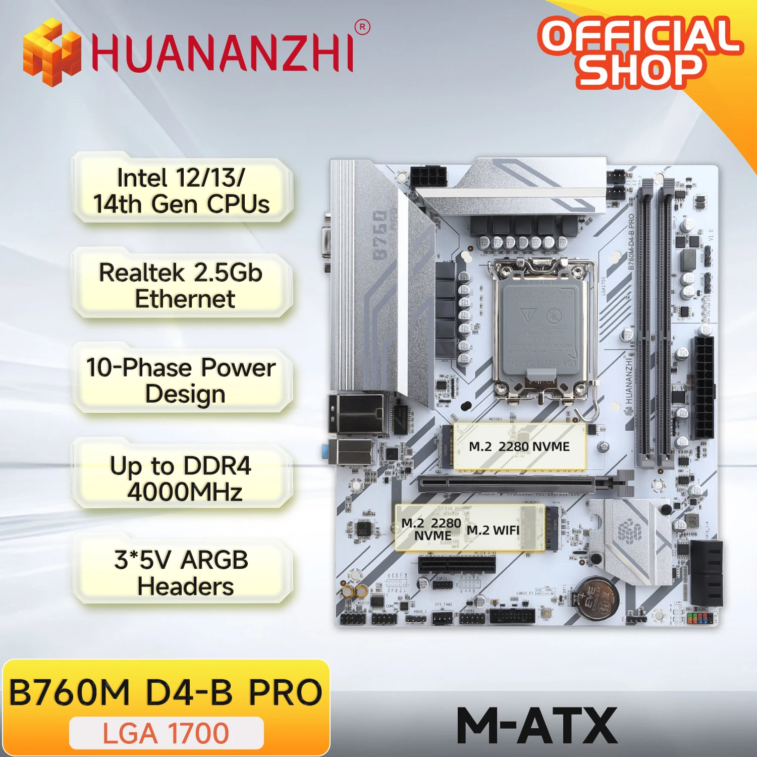 HUANANZHI B760M-D4-B PRO  Motherboard DDR4 LGA 1700 Support Intel Core I3 i5 i7 12th 13th 14th Processor  5V ARGB