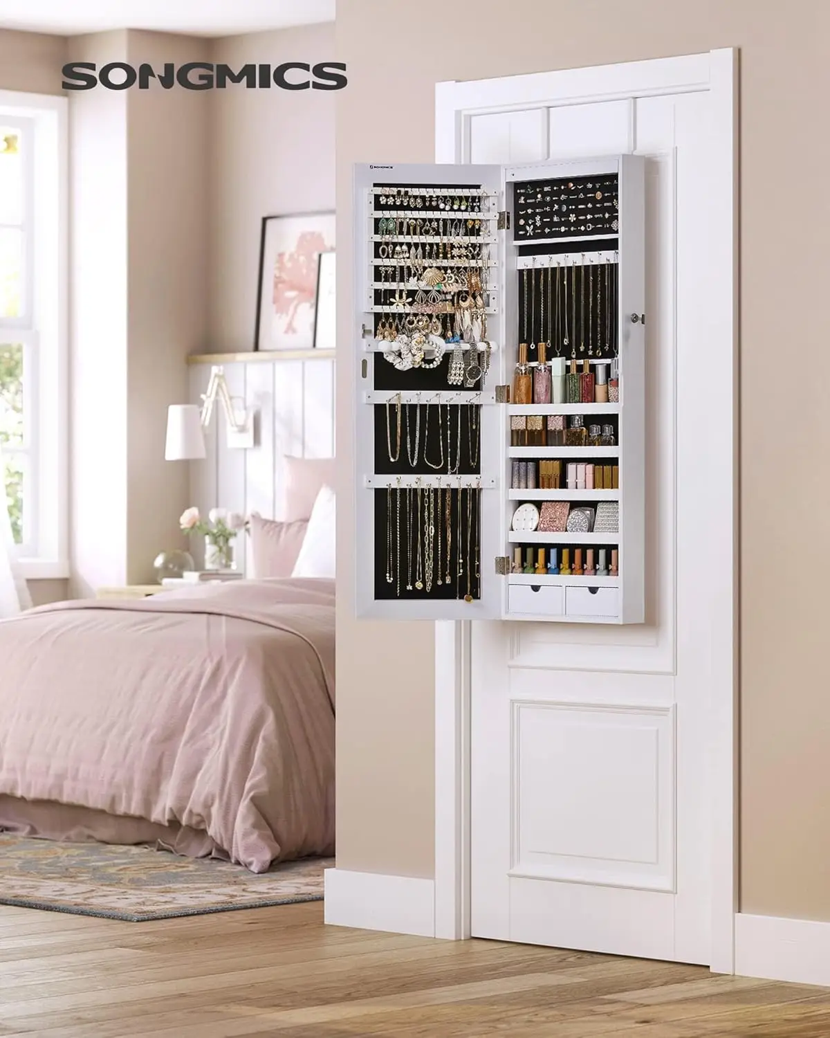 Jewelry Cabinet, Wall-Mounted Cabinet with LED Interior Lights, Door-Mounted Jewelry Organizer, Full-Length