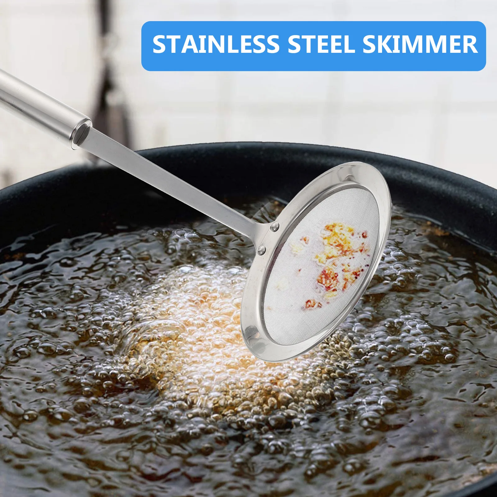 

304 Stainless Steel Skimmer Fine Mesh Filter Long Handle Kitchen Strainer Oil Soy Milk Removal Dishwasher Safe Reusable