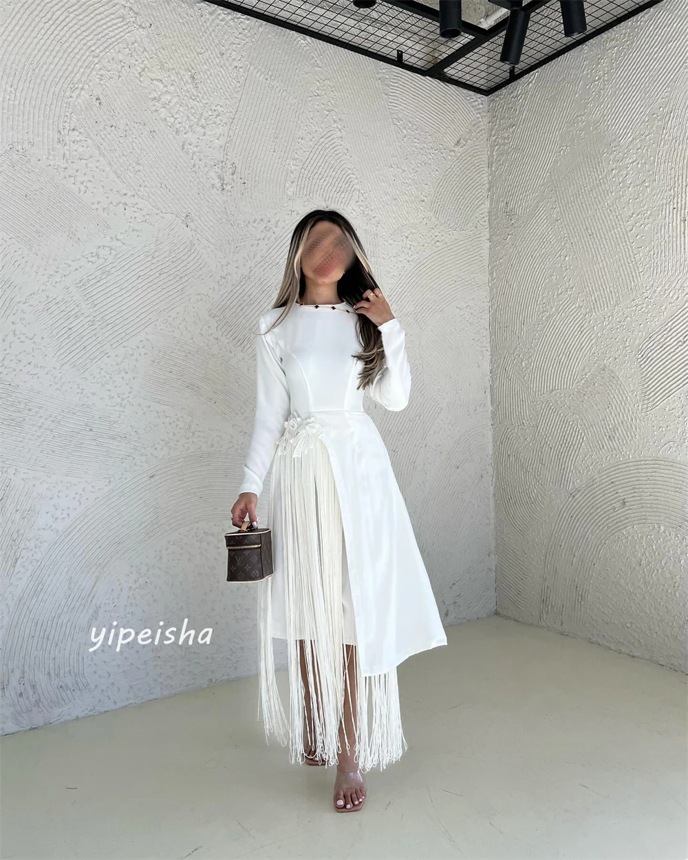  Jersey Flower Ruched Tassel Beach A-line High Collar Bespoke Occasion Gown Midi Dresses Saudi Arabia Evening