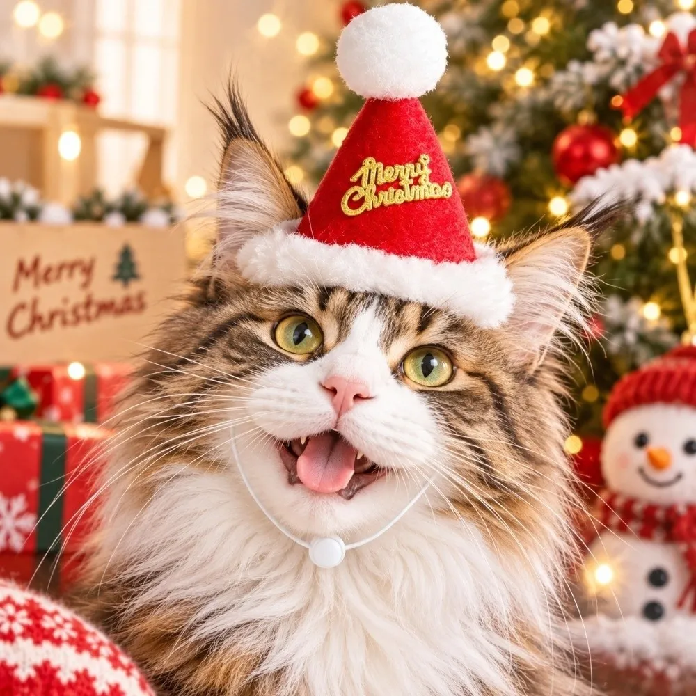 Handmade Christmas Pet Hat Soft Pompon Adjustable Strap Cat Santa Cap Knitted Yarn Elastic Band Yarn Kitten Headwear
