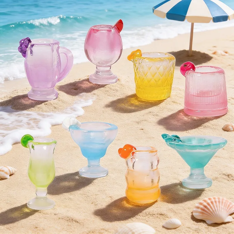 10PCS Summer Gradient Juice Glass Miniature Play Food Resin Cocktail Wine Goblet DIY Dollhouse Decor Supplies