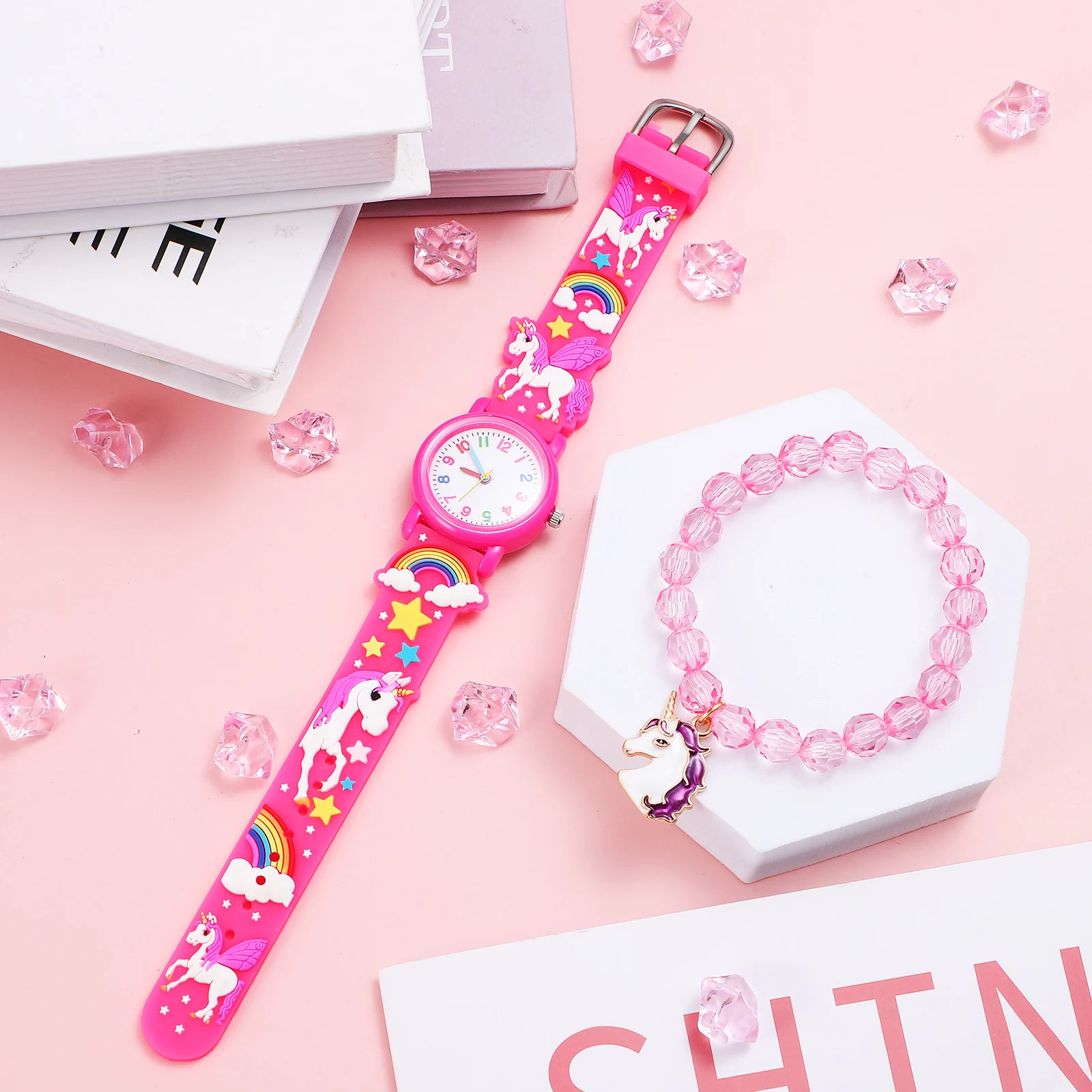 1Set Pink Kids Unicorn Watch with Beaded Bracelet Set Adorable Girls Fashion Wristwatch Accurate Timekeeping Birthday Festival