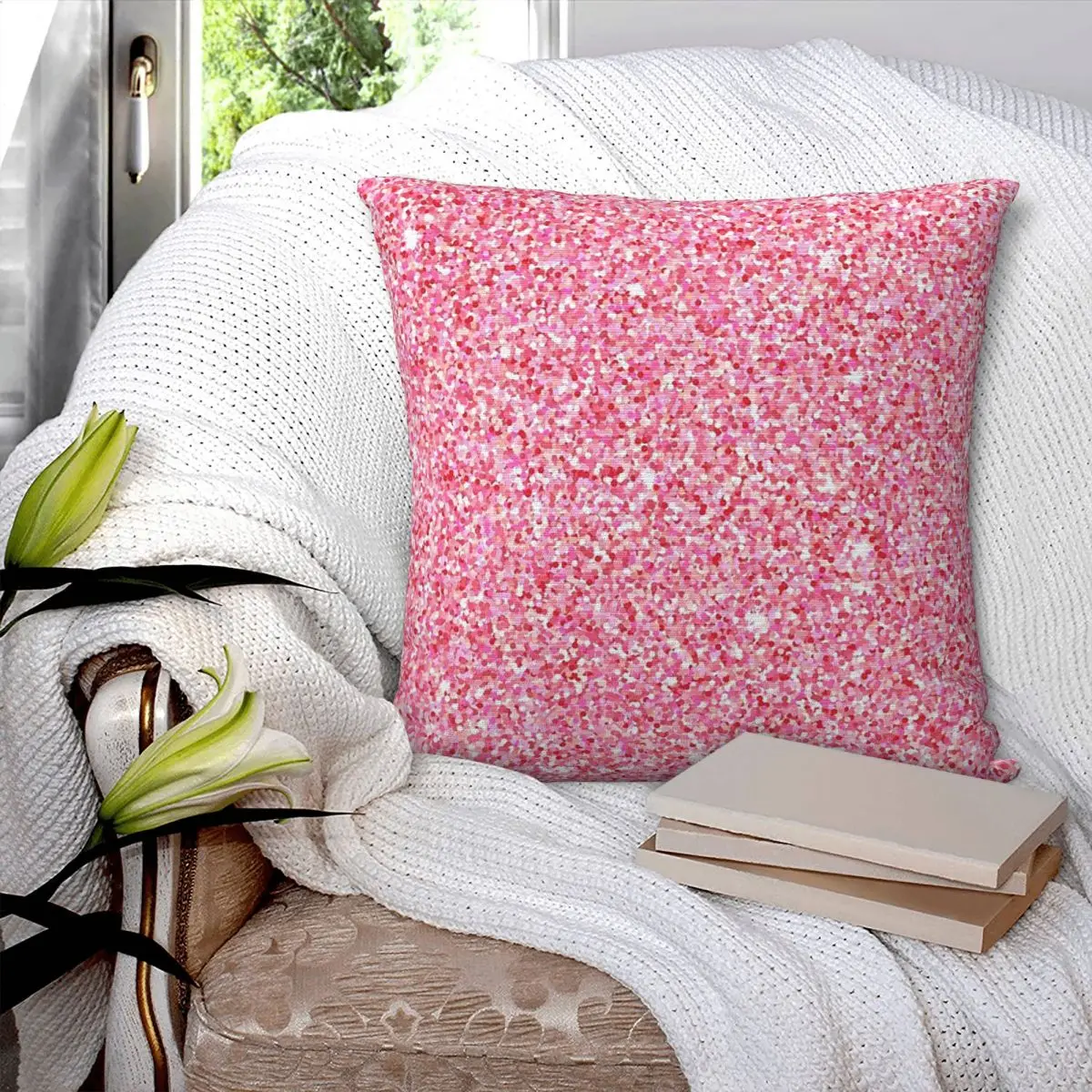 

Hot Pink And Red Stardust Square Pillowcase Pillow Cover Polyester Zip Decorative Comfort Throw Pillow for Home Living Room