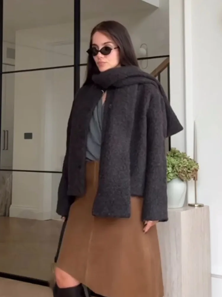 

HH Women Scarf Collar Long Sleeves Single Breasted Short Coat Spring Autumn Casual Slim Coat Women Fashion Loose Street Coat