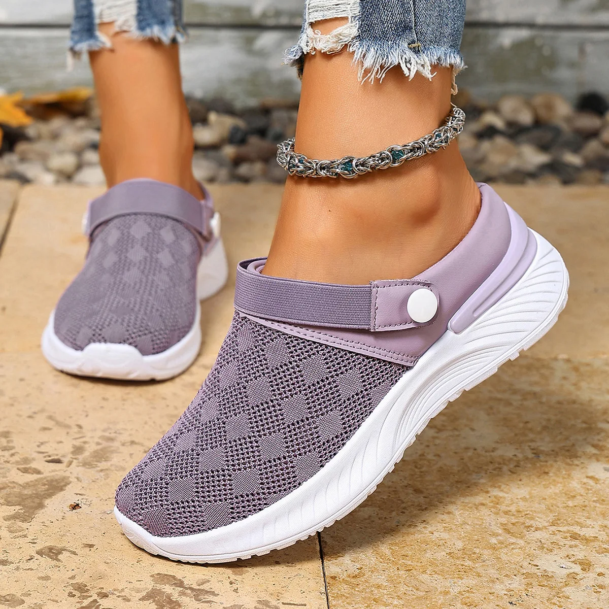 Verstellbare Schnallen-Rückenriemen Keilabsatz-Pantoletten für Damen, Atmungsaktives Strickmesh, Rutschfeste Weiche Sohle, Tägliche Geh- und Freizeitschuhe – Detail 6