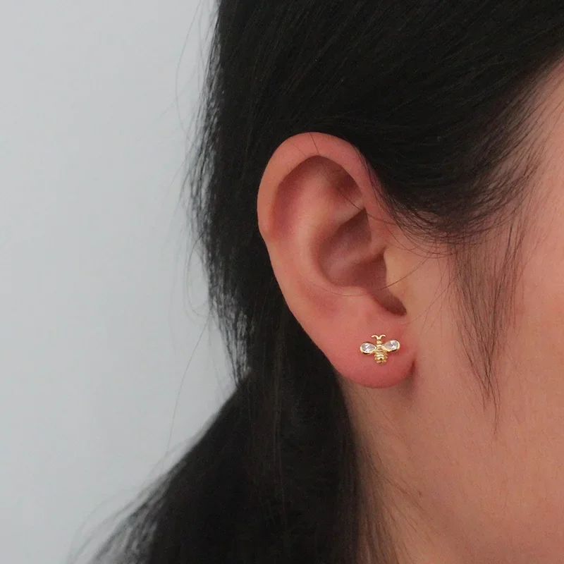 Trustdavis, moda auténtica, Plata de Ley 925, pequeño Animal, abeja, deslumbrante pendiente de tuerca CZ para mujer, joyería fina Brincos DS2345