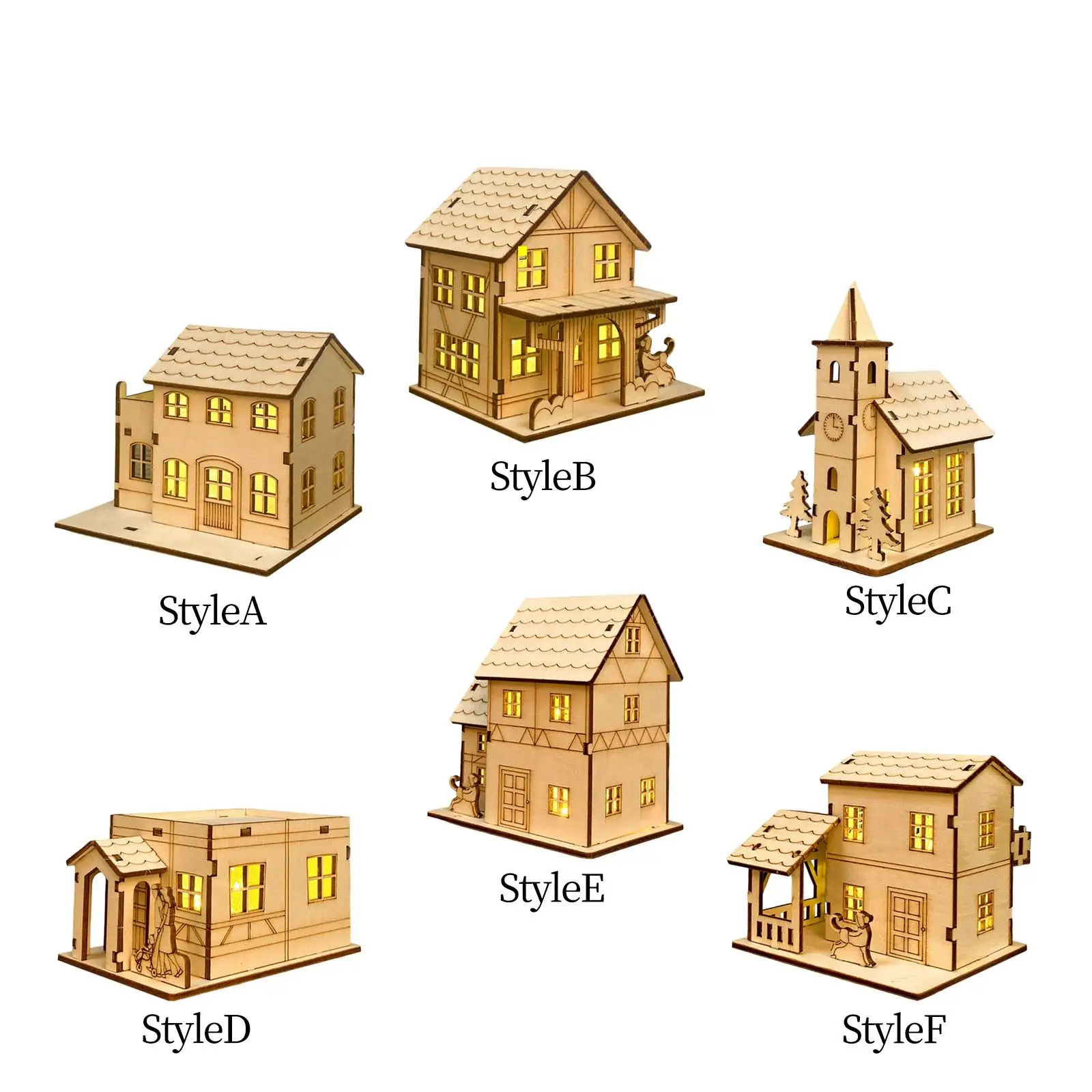 Unpainted Unfinished Wood House Figurines Battery Powered Sculpture DIY Drawing