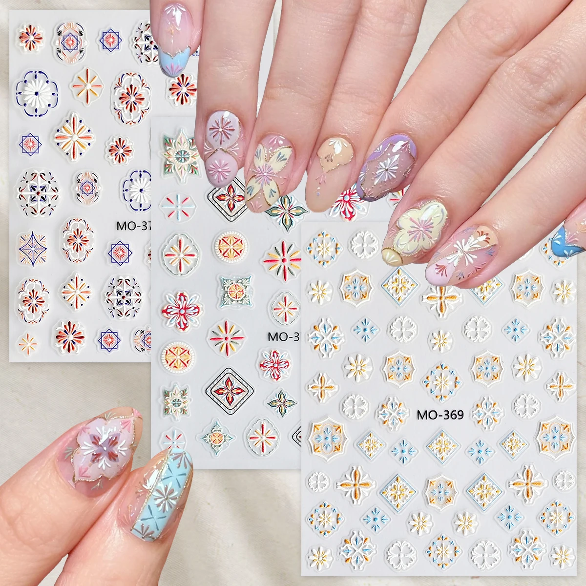 3/6 ورقة 5D تنقش الرجعية بلاط ملصقات الأظافر ، الملونة هندسية الأزهار مسمار ملصقات فنية مانيكير ، بوهو نمط مسمار الزينة
