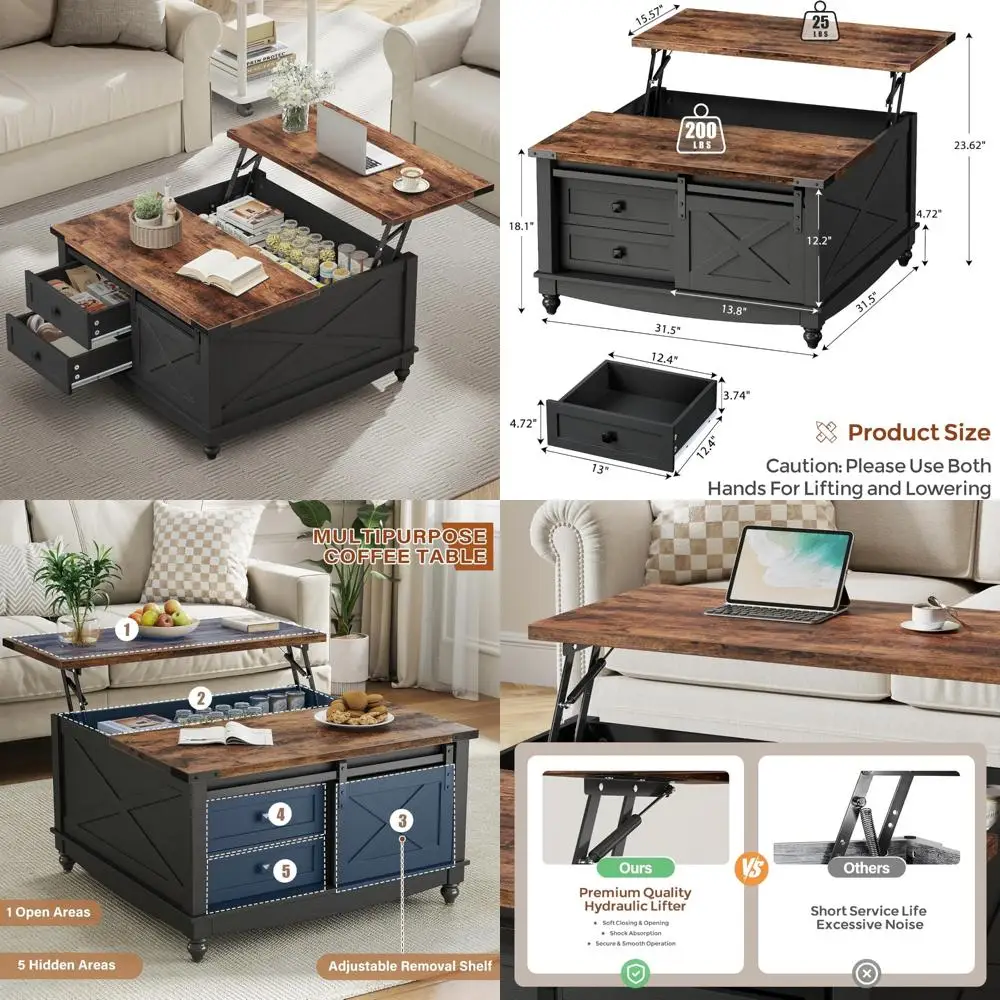 

Farmhouse Style Lift Top Coffee Table with Large Hidden Storage for Living Room Square Table Design