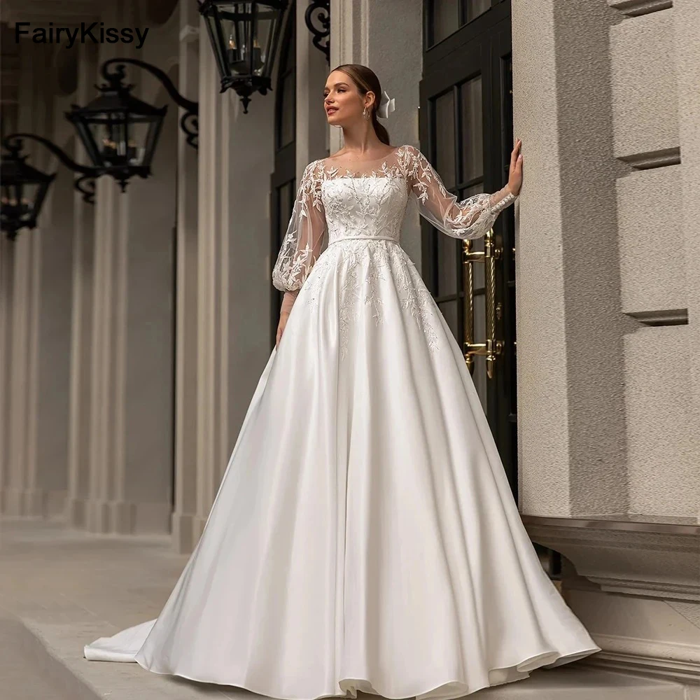 FairyKissy Luxury Lace Appliques Wedding Dresses A Line Fuffy Ruched Satin Ball Gowns Long Sleeve Formal BrideVestido De Novia