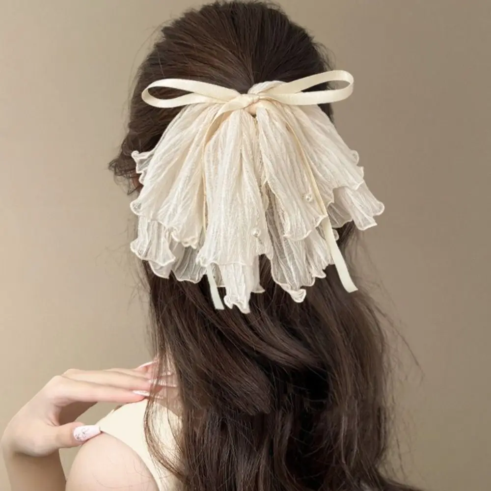

Super Fairy Bow Mesh Pearl Grab Clip Korean Style Elegant Large Bowknot Shark Clip Fashion Headwear Mesh Bow Hair Claws