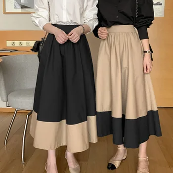 봄 빈티지 우아한 옷깃 다목적 긴 소매 셔츠 탄성 허리 컬러 차단 스커트 2 피스 세트 세련된 여성 패션 