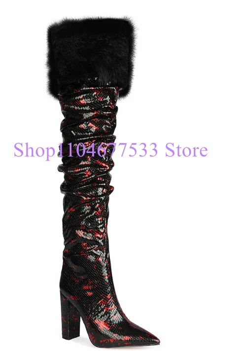 Sexy Fur Decor Chunky Heel Lady Over the Knee Boots Fashion Pointed Toe Woman Stage Long Boots Large Size Banquet Party Shoes