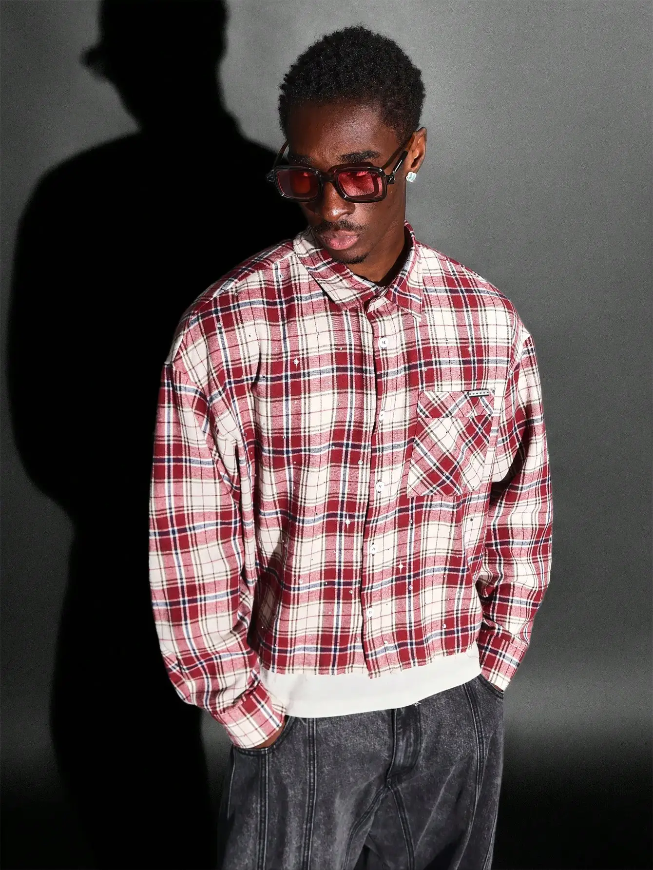 

Red and Cream Plaid Long Sleeve Button Down Shirt Casual Oversized Fit Cotton Autumn Winter