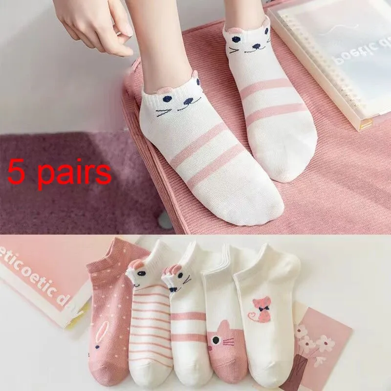 Kaus kaki wanita 5 pasang kaus kaki kucing lucu kartun Kawaii untuk wanita kaus kaki pendek potongan rendah lengan pendek motif kucing musim semi wanita BZ109