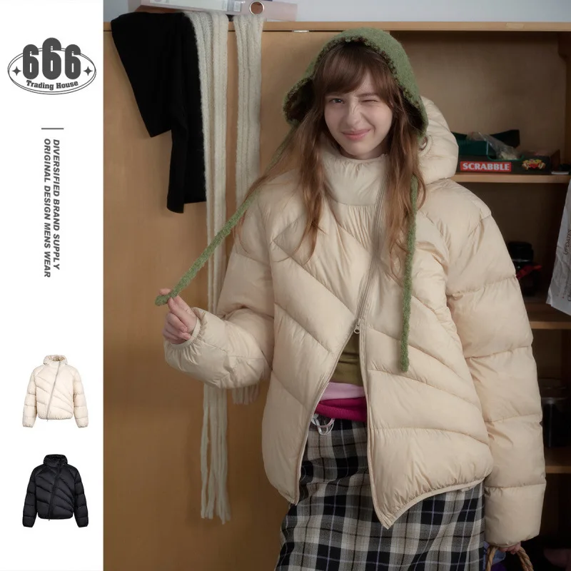 

Зимняя унисекс-куртка-пуховик Y09 свободного кроя с капюшоном и диагональной молнией, 90% белый утиный пух