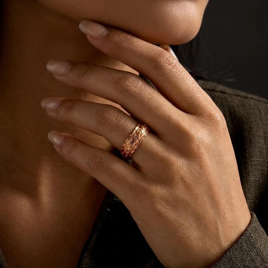 Vintage Engraved Rose Floral Vine Band Ring for Women Copper Minimalist Everyday Stackable Botanical Antique Jewelry Presents