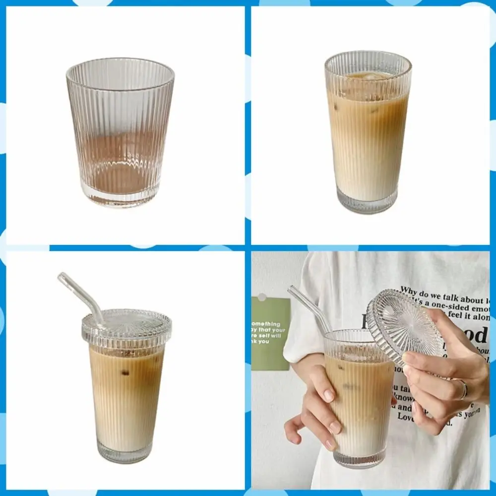 Chic Transparent Vertical Striped Glass Cup Simple Style Thickened Mugs with Lid Straw 375ml Bubble Tea