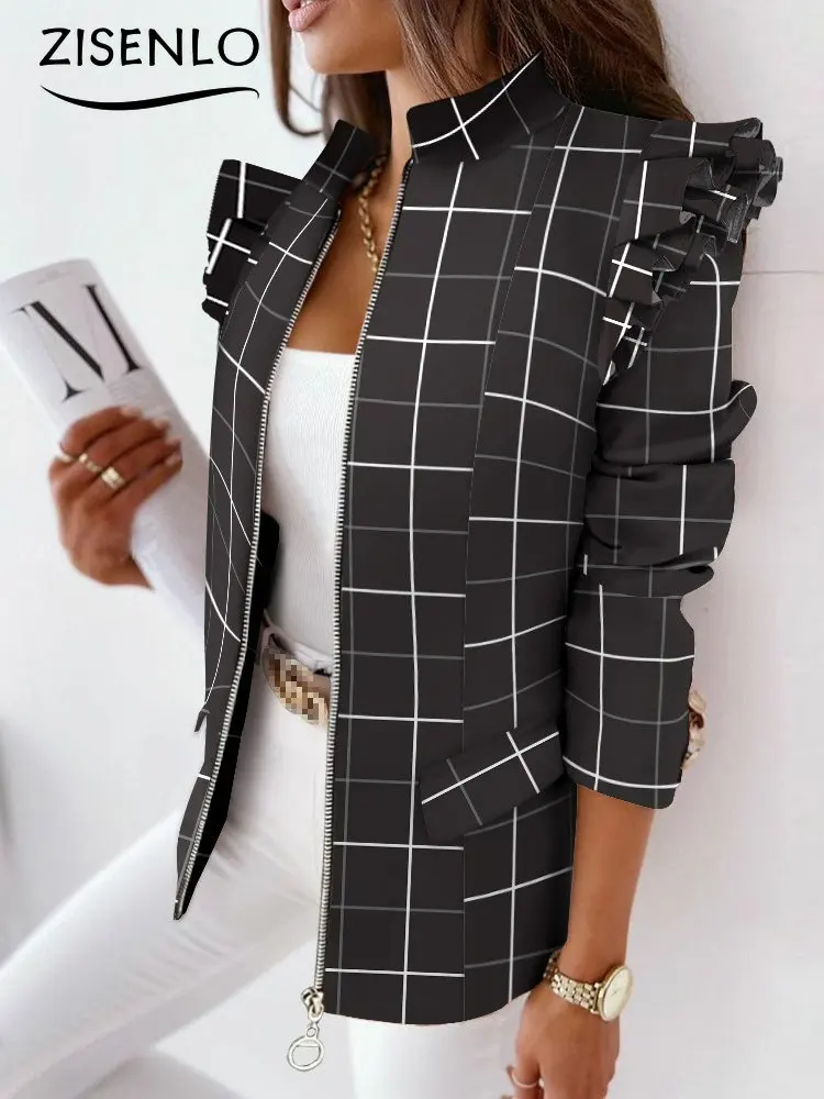 Blazer for Women Spring Summer Ruffled Long Sleeve Zipper Printed Jacket Female Colorful Blazer Jacket for Women Office Lady