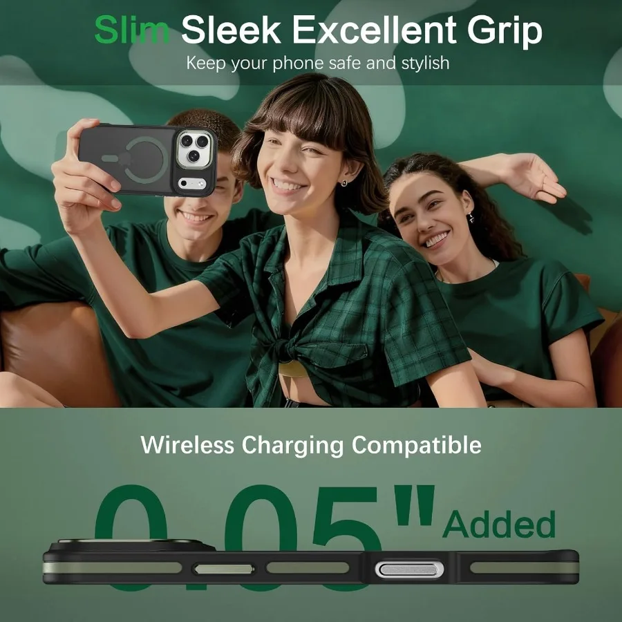 Custodia magnetica opaca verde scuro/nera per iPhone 17 Pro Max 2025 con compatibilità Magsafe e protezione di livello militare