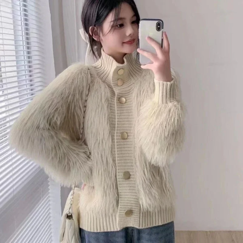 Korean Gentle Stand Button Mink Velvet Blue Sweater Coat Women\'s Autumn Spring Long Sleeve Thick Pink Mohair Cardigan Jacket