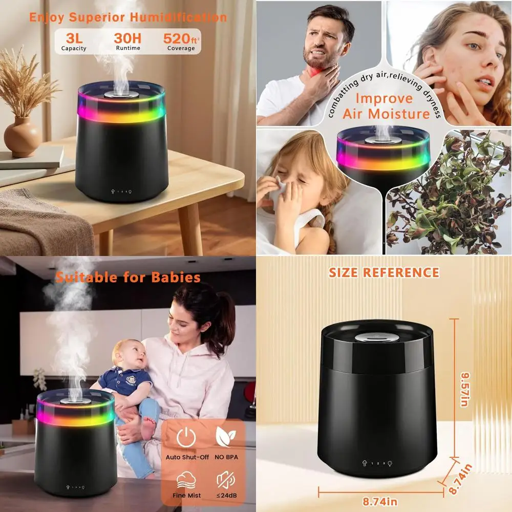 

Ультразвуковой увлажнитель воздуха с верхним заливом воды, 3 л, для спальни и детской комнаты, бесшумный, для больших помещений, без бисфенола А, черный