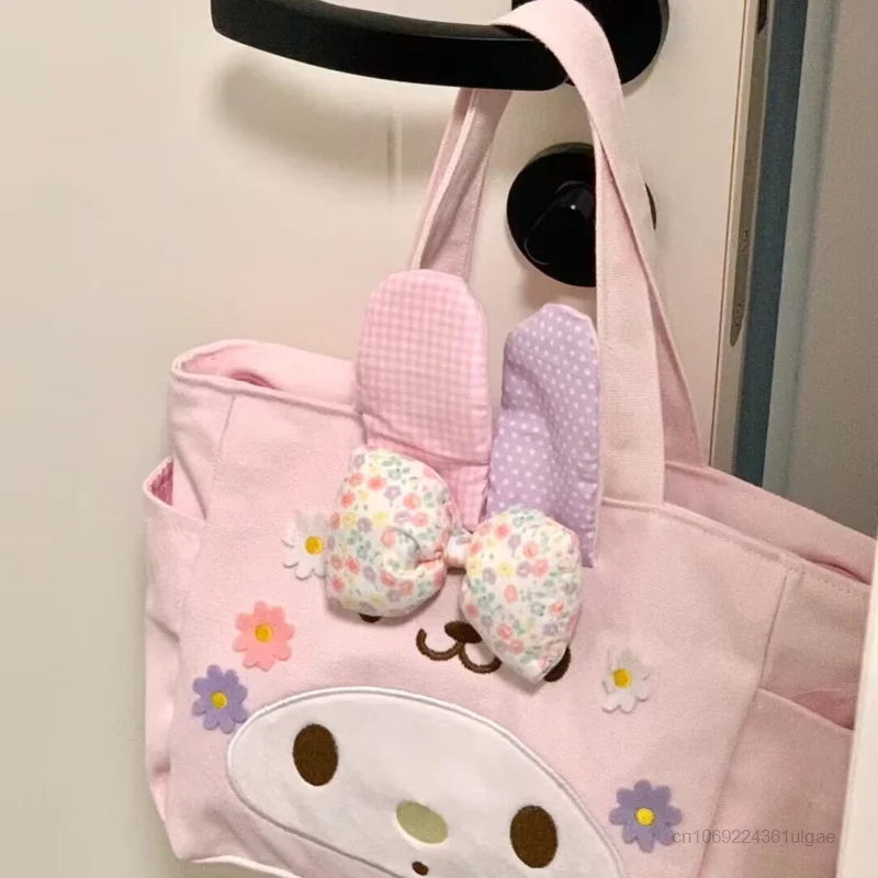 Sanrio Hello Kitty Melody Pink Bags Cute Casual Canvas Totes Y2k Student Bento Bag Commuting Bag Women Cartoon Fashion Handbags