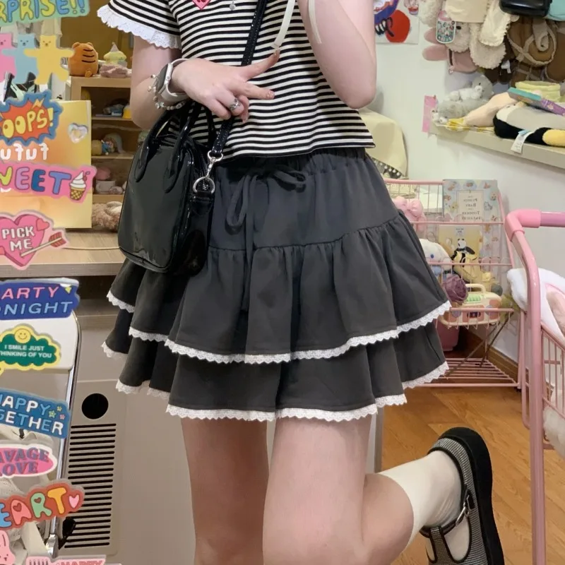 HOUZHOU-Falda corta Kawaii para mujer, minifalda japonesa de encaje de retales con cordones, cintura elástica, línea A, volantes, Lolita, Harajuku