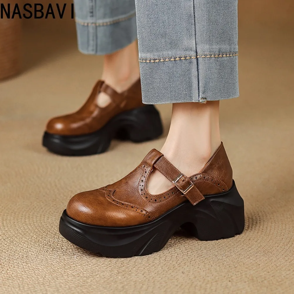 NASBAVI 2026 High Platform T-Strap Women's Pumps Sturdy Chunky Heels Round Toe Plus Size Thick Sole Female Shoes 43-45