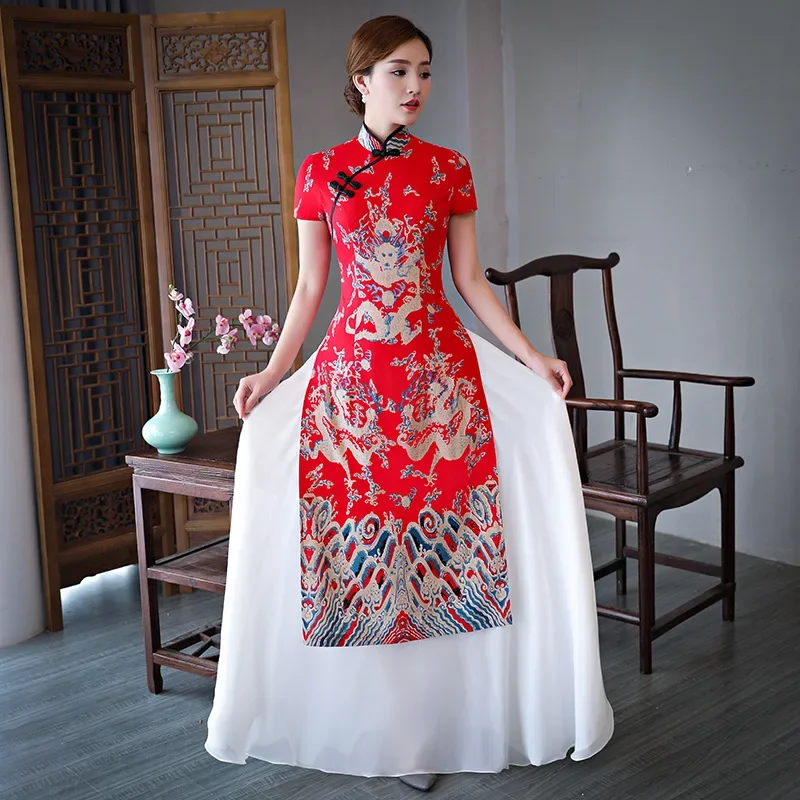 

Улучшенные Aodai Qipao женские красные элегантные платья в китайском стиле с принтом Cheongsam сценический костюм женские длинные платья большой размер 4Xl