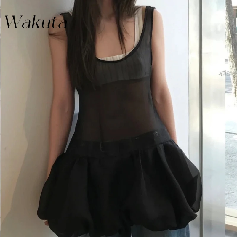

WAKUTA Sexy Fashion U-neck Sleeveless Spring Summer Robe Korean Retro Thin Transparent Hem Fluffy Skirt Suspender Gown Y2k Dress
