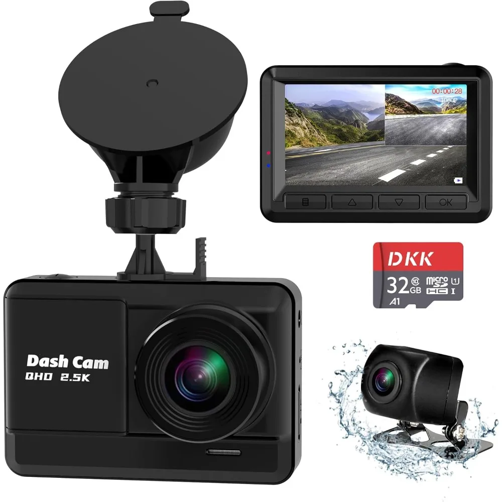 

Dash Cam Front and Rear, 2.5K+1080P Dual Dash Camera for Cars with 32GB SD Card, 2.45 inch IPS Screen, 2 Mounting Ways, Night Vi