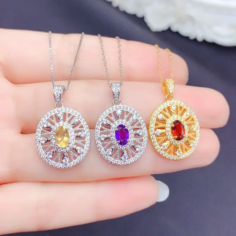 

pure 925 silver gemstone pendant 4mm*6mm natural garnet amethyst citrine pendant with 45cm silver necklace