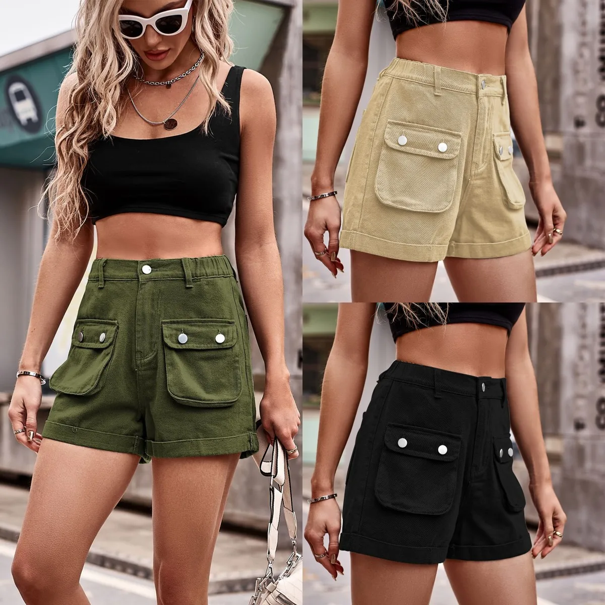 

2023 Summer New Women's Elastic Waist Denim Cargo Shorts Fashion Casual Curling Three-dimensional Pocket Shorts Jeans S-2XL