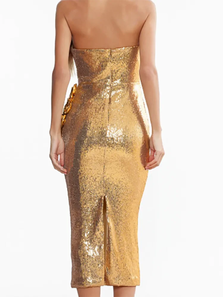 Exquisito oro sin tirantes con lentejuelas sin mangas flores vestidos de noche formales fiesta de cumpleaños vestidos de graduación personalizados