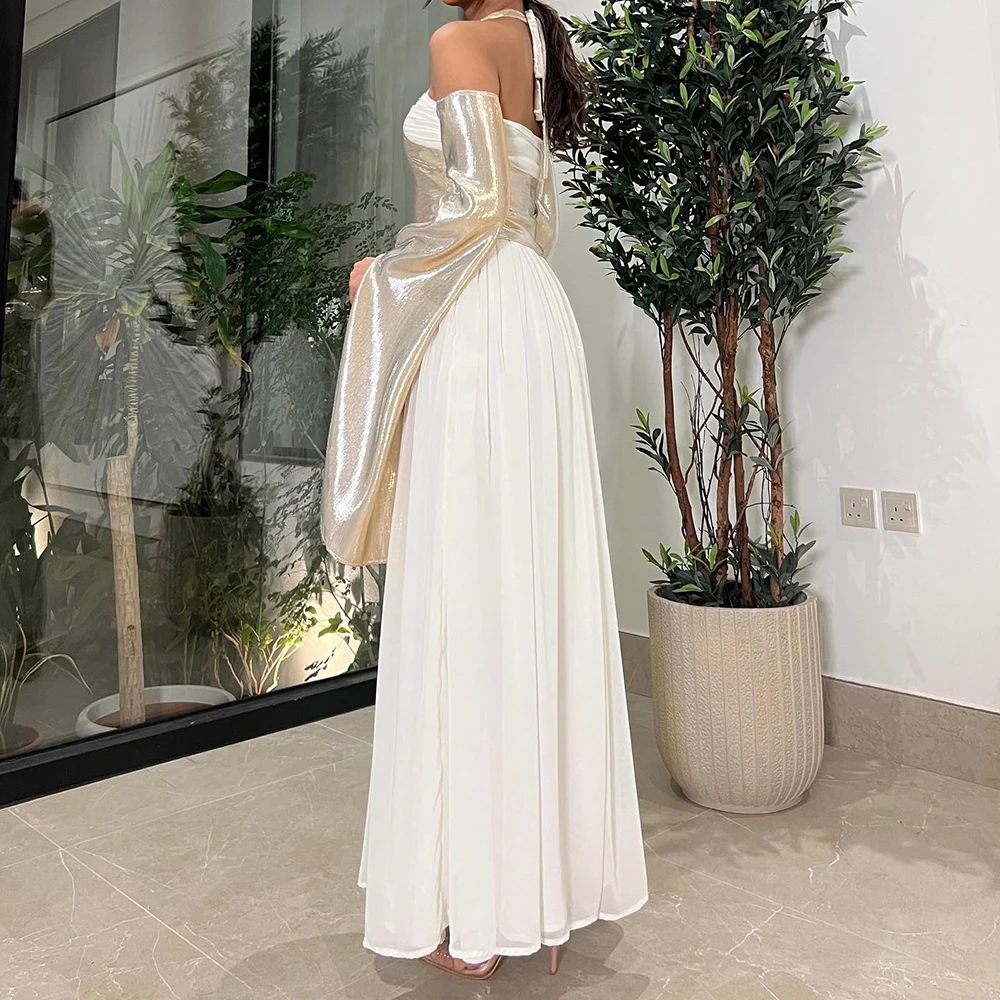 Exquisite Chiffon A-Line Evening Dress Delicate Floor Length Detachable Sleeve Halter فساتين سهره نسائيه فخمة Custom Size