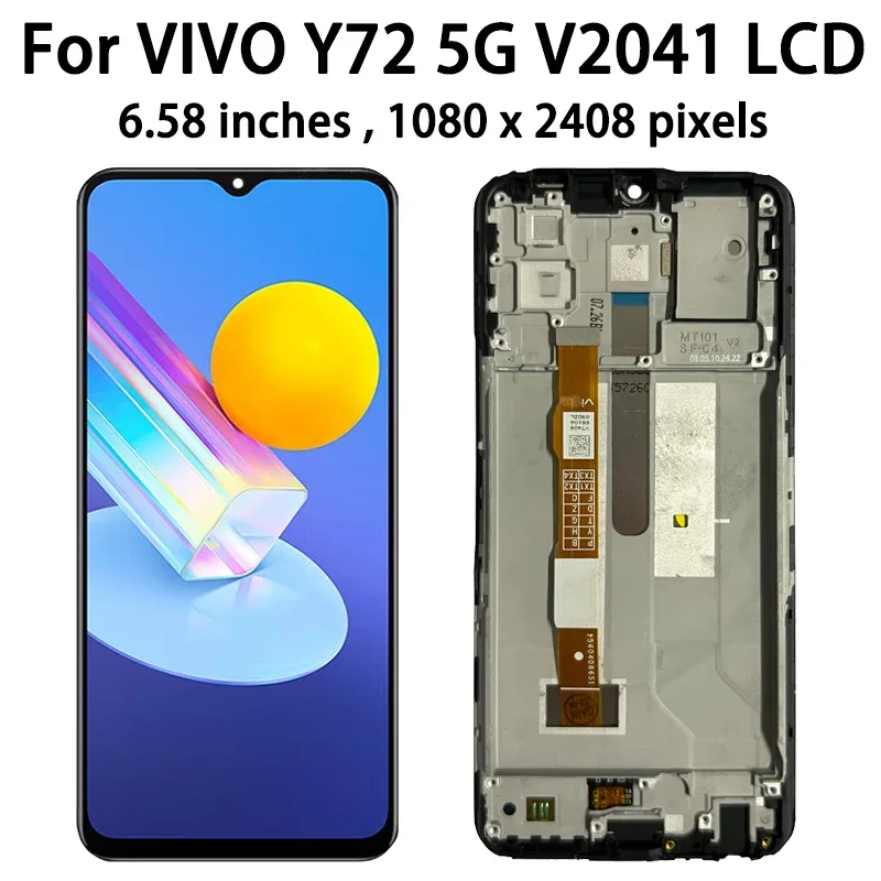 Pantalla de 6,58 pulgadas para Vivo Y72 5G LCD V2041 pantalla con marco montaje de digitalizador con pantalla táctil para vivo y72 5g (India) V2060 LCD