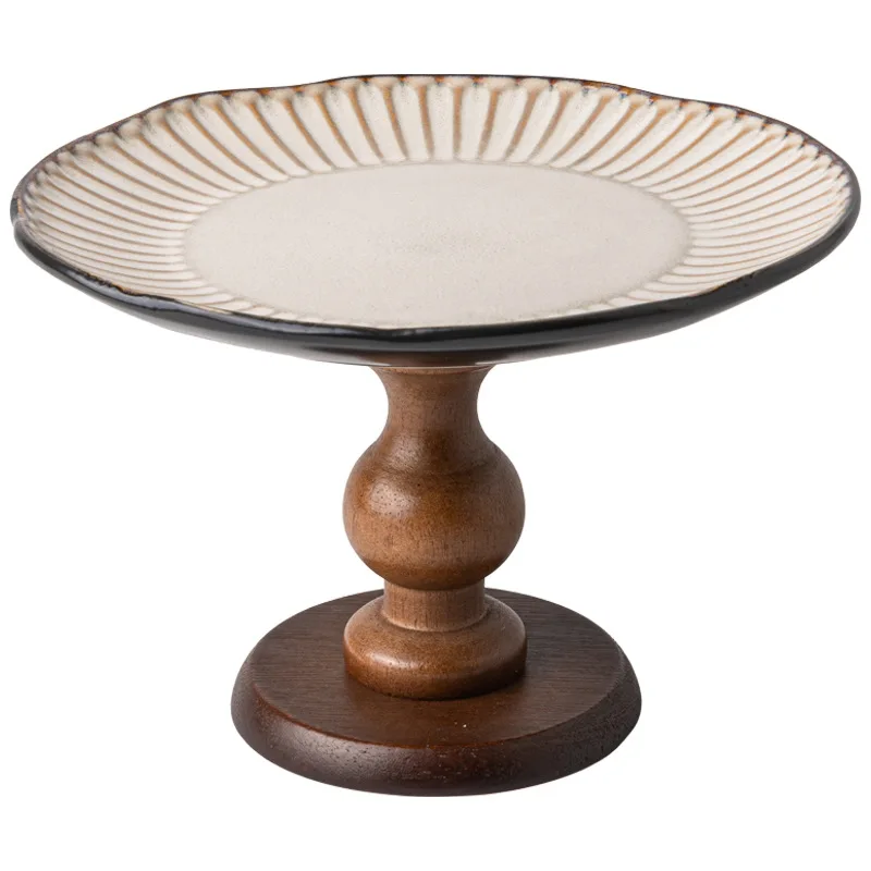 

Vintage Wooden Fruit Plate High Foot Tray Home Ceramic Dessert Plate for Housewarming Gift
