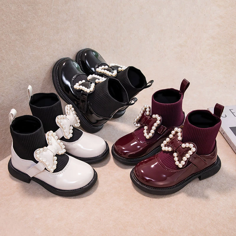 New Girls Leather Boots Pearl Bow Princess Shoes Kids Flying Knit Boots Soft Sole Chic Sweet Sock Leisure Shoes Cute Bow-knot