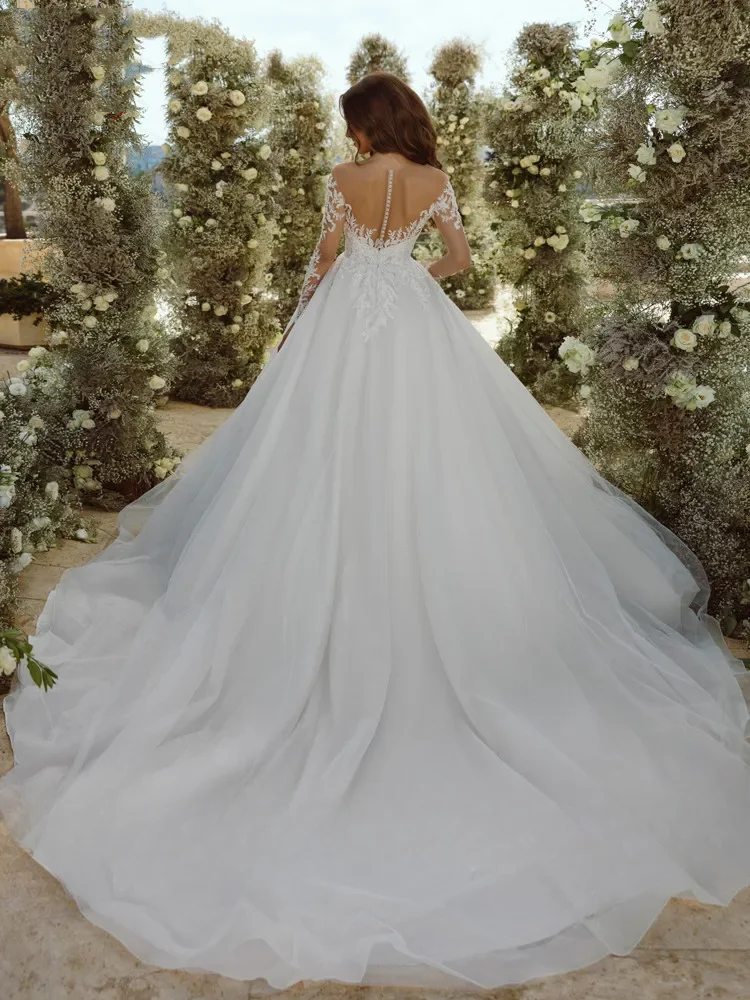 Boho col rond robes De mariée manches longues Appliques Illusion bouton dos a-ligne robe De mariée Vintage Tulle Vestido De novia