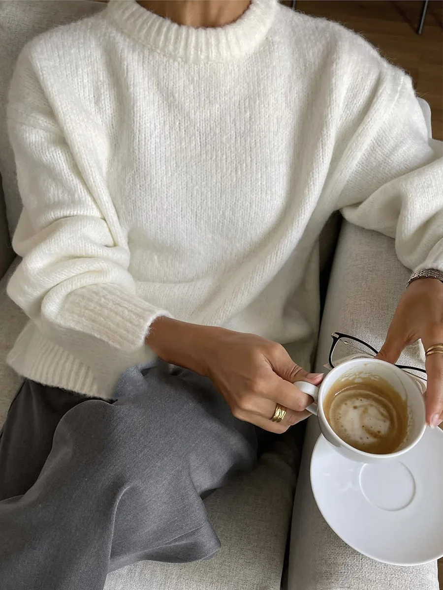Maglione di lana lavorato a maglia stile pigro Autunno e inverno Donna Dolce sciolto elastico morbido Office Home Casual Maglione a maniche lunghe con scollo a O
