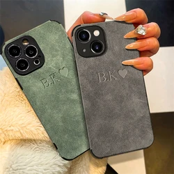 Personalise Customized Name Initals Letters Case For iPhone 13 12 11 Pro Max 16 15 14 Pro Max Lambskin Leather Shockproof Cover