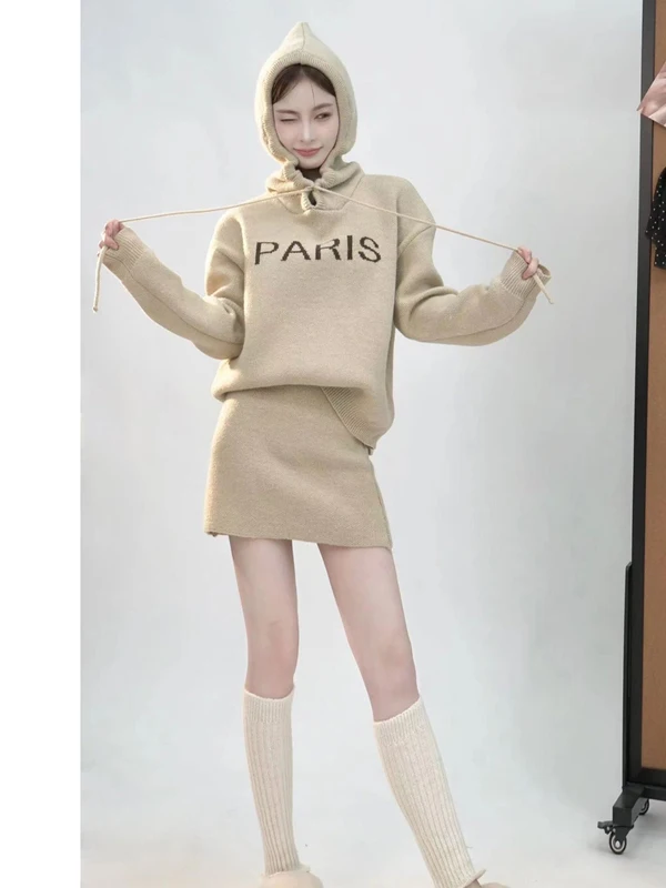 

Autumn Winter Women's Fashion Set with Hat Letter Knitted Sweater And Skirt Two-Piece Ensemble Casual Style Medium Thick...