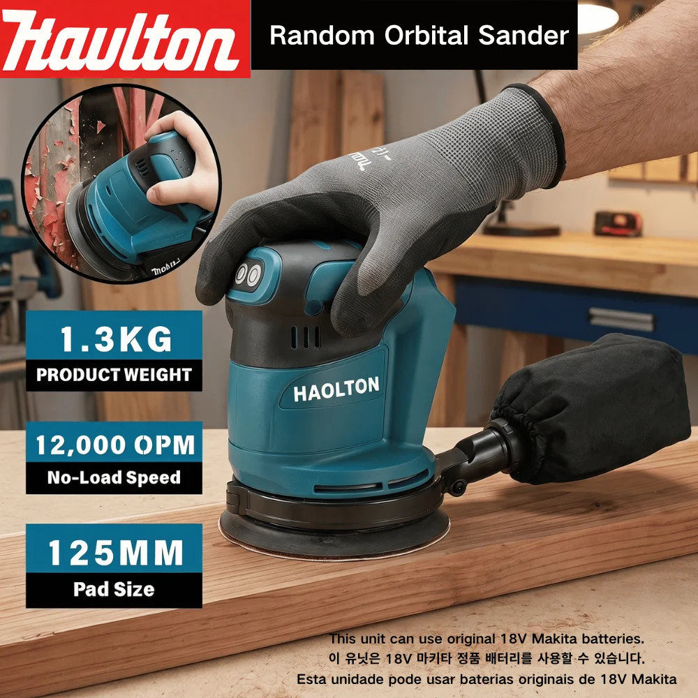 Makita 18V Haolton DBO180Z Cordless Random Orbital Sander for Woodworking Putty Polishing DIY and Professional Use